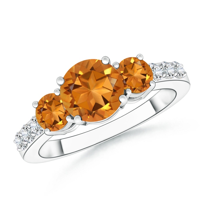 7mm AAA Three Stone Round Citrine Ring with Diamond Accents in White Gold