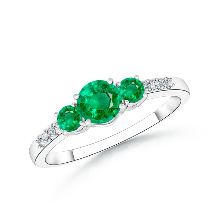 5mm AAA Three Stone Round Emerald Ring with Diamond Accents in White Gold