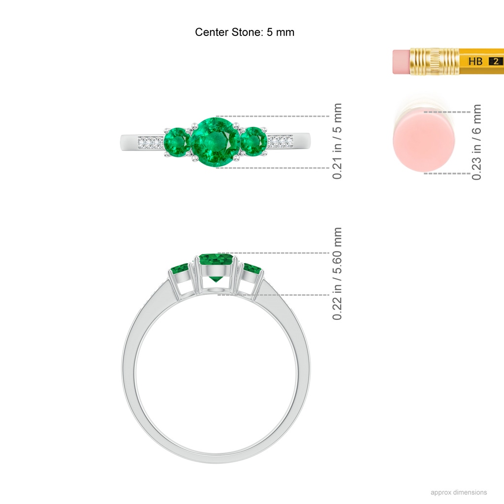 5mm AAA Three Stone Round Emerald Ring with Diamond Accents in White Gold Product Image