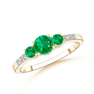 5mm AAA Three Stone Round Emerald Ring with Diamond Accents in Yellow Gold