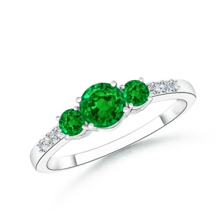 5mm AAAA Three Stone Round Emerald Ring with Diamond Accents in P950 Platinum