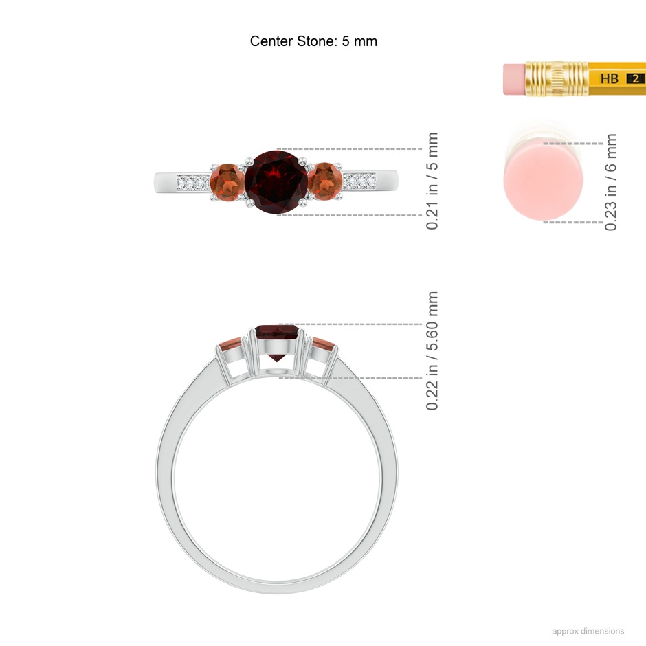 5mm A Three Stone Round Garnet Ring with Diamond Accents in White Gold ruler