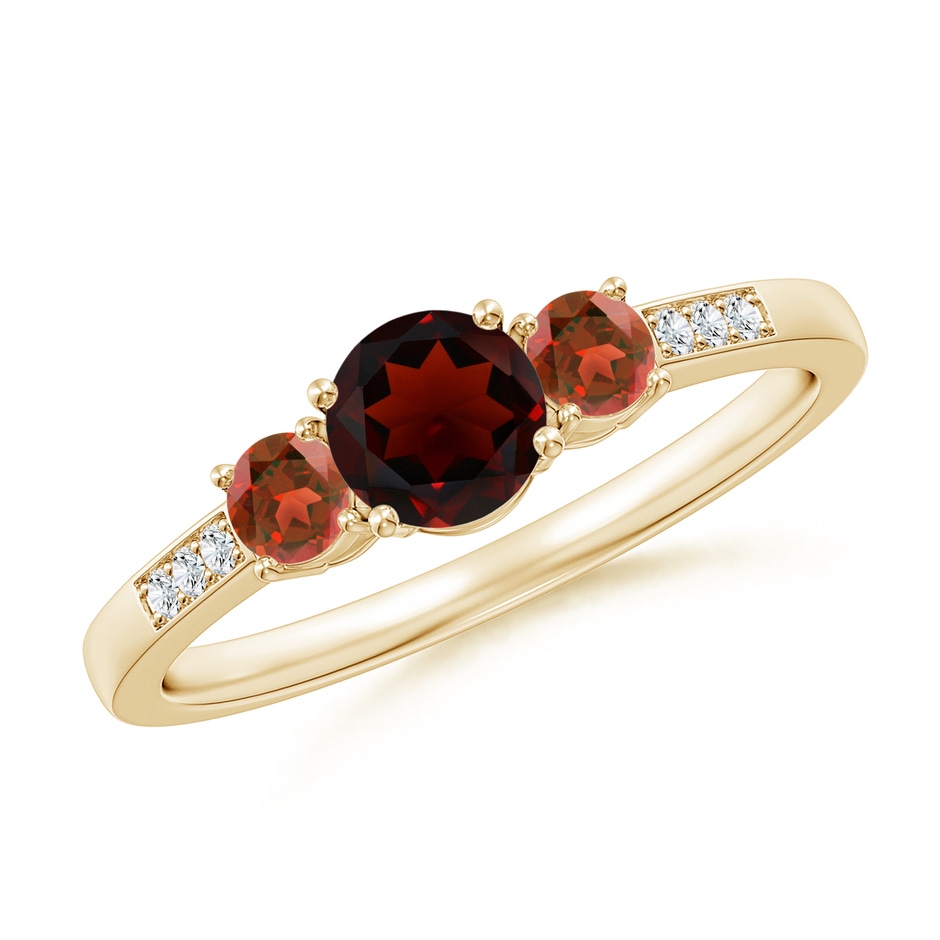 5mm AA Three Stone Round Garnet Ring with Diamond Accents in Yellow Gold 