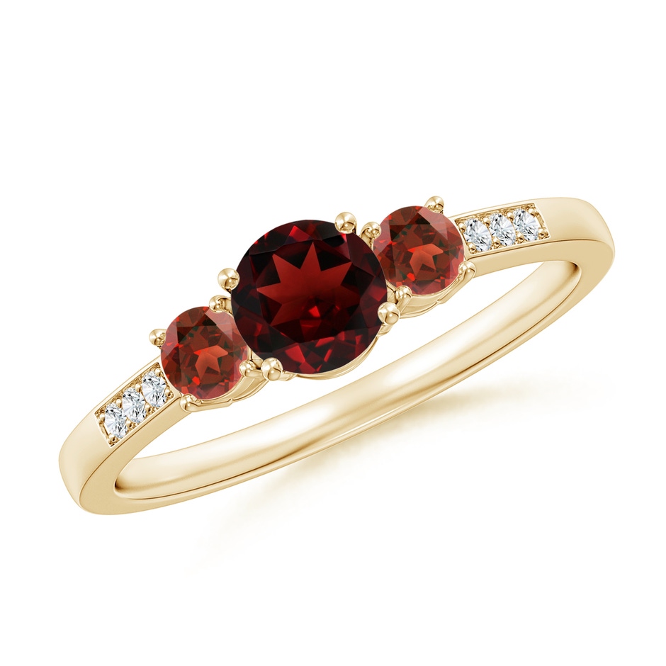 5mm AAA Three Stone Round Garnet Ring with Diamond Accents in Yellow Gold 