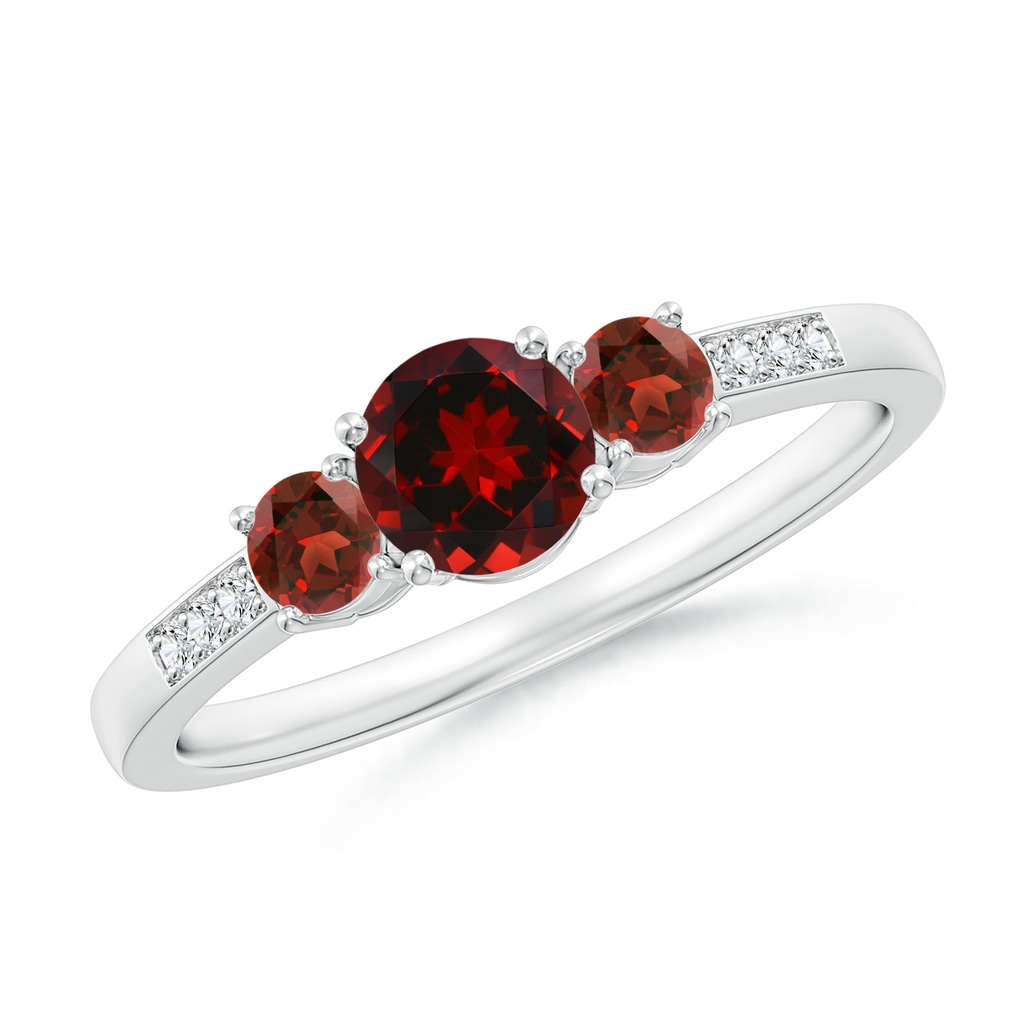 5mm AAAA Three Stone Round Garnet Ring with Diamond Accents in P950 Platinum
