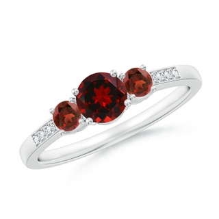 5mm AAAA Three Stone Round Garnet Ring with Diamond Accents in P950 Platinum