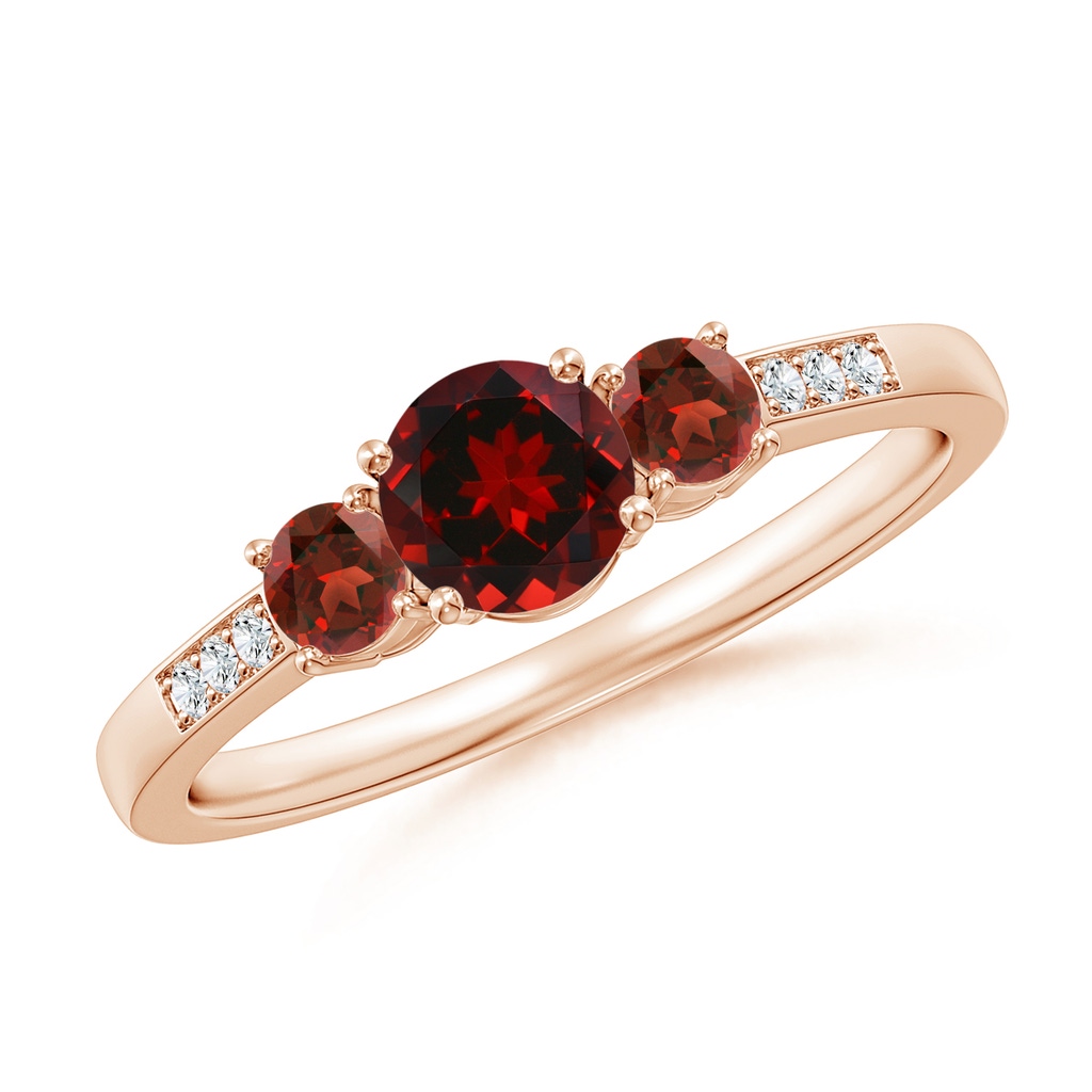 5mm AAAA Three Stone Round Garnet Ring with Diamond Accents in Rose Gold