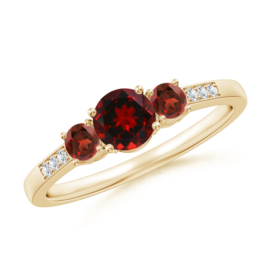 5mm AAAA Three Stone Round Garnet Ring with Diamond Accents in Yellow Gold