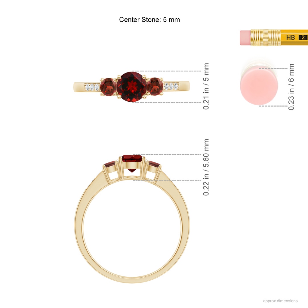 5mm AAAA Three Stone Round Garnet Ring with Diamond Accents in Yellow Gold ruler