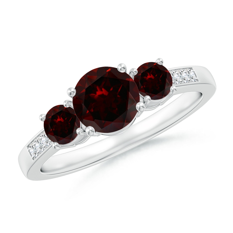 6mm A Three Stone Round Garnet Ring with Diamond Accents in White Gold 