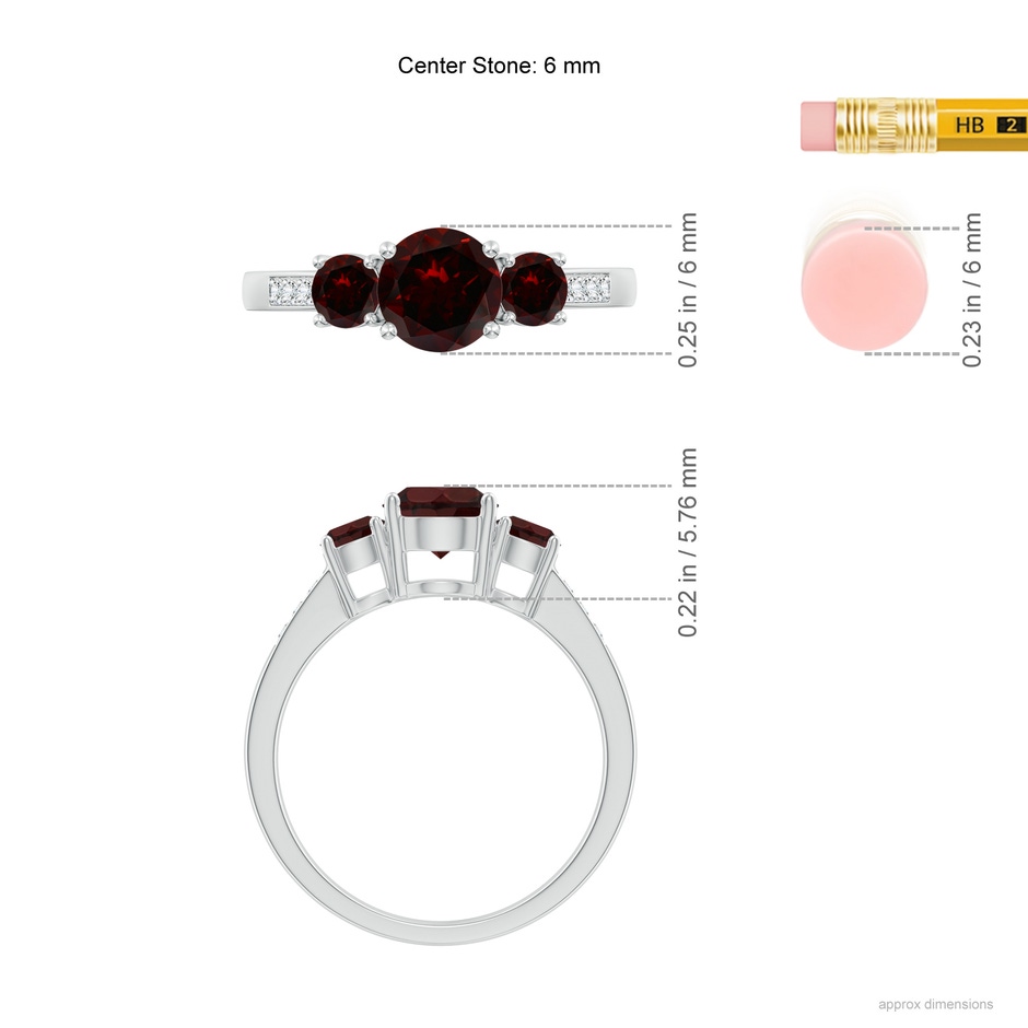 6mm A Three Stone Round Garnet Ring with Diamond Accents in White Gold ruler