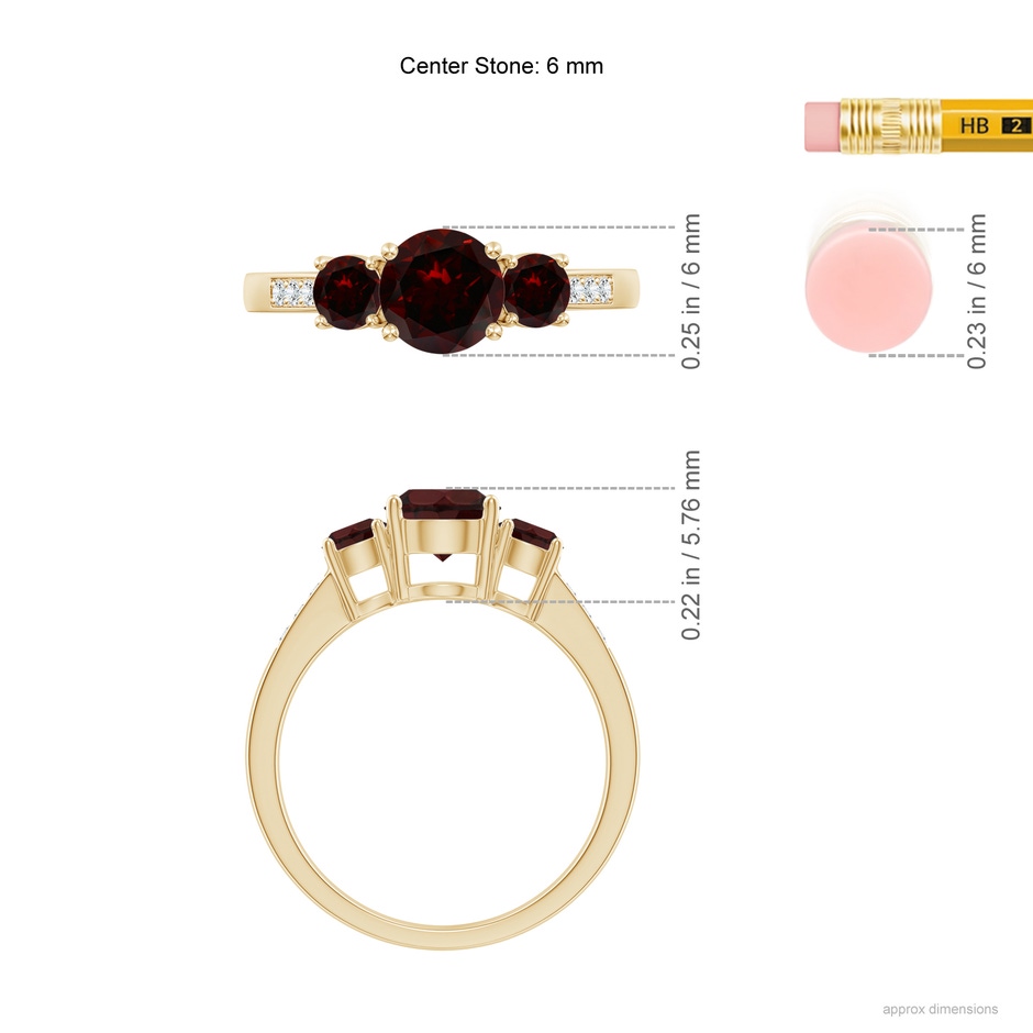 6mm A Three Stone Round Garnet Ring with Diamond Accents in Yellow Gold ruler