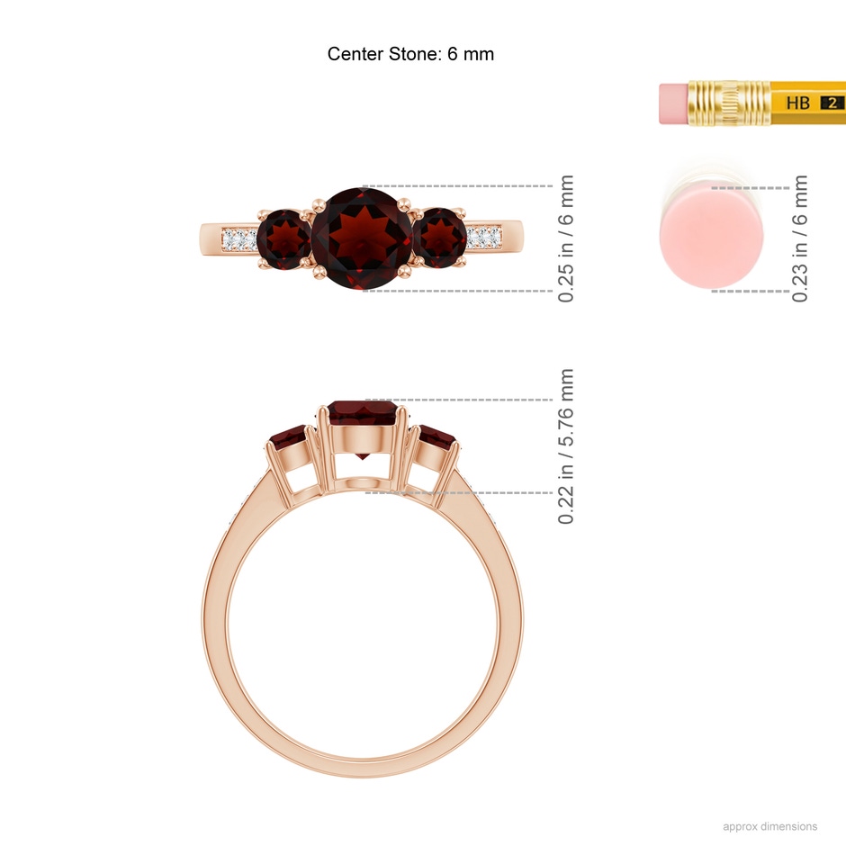 6mm AA Three Stone Round Garnet Ring with Diamond Accents in Rose Gold ruler