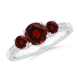 6mm AAAA Three Stone Round Garnet Ring with Diamond Accents in P950 Platinum