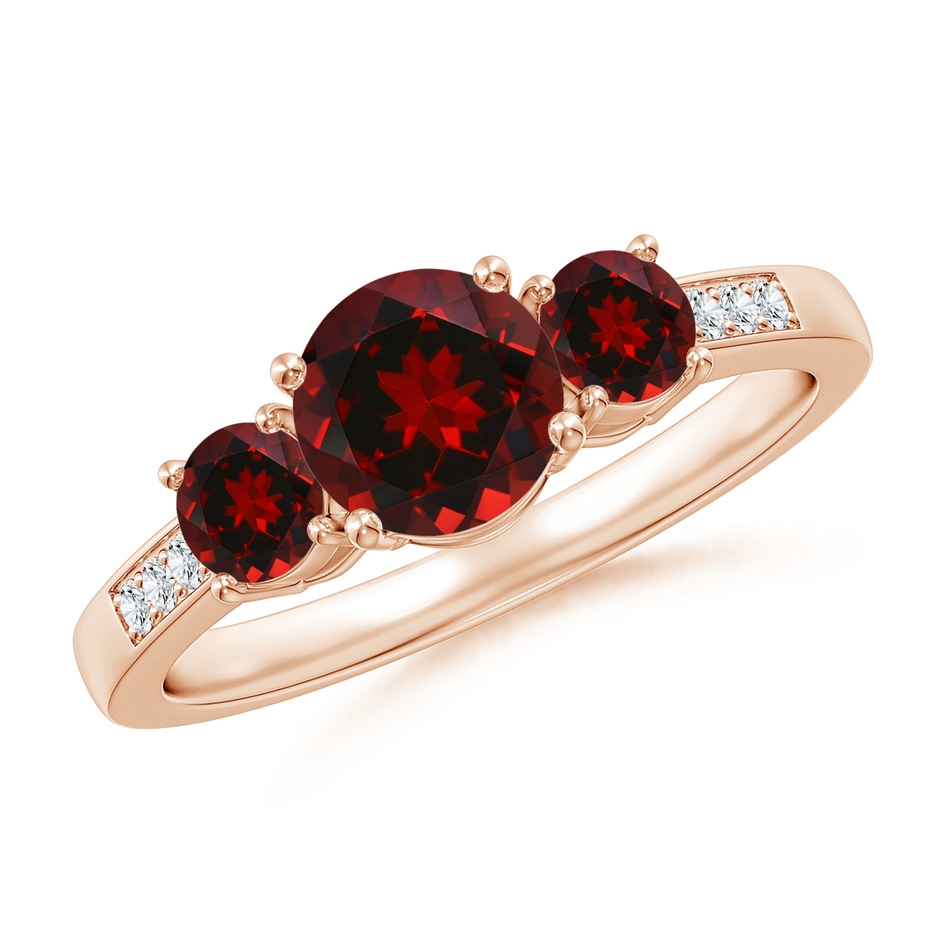 6mm AAAA Three Stone Round Garnet Ring with Diamond Accents in Rose Gold 