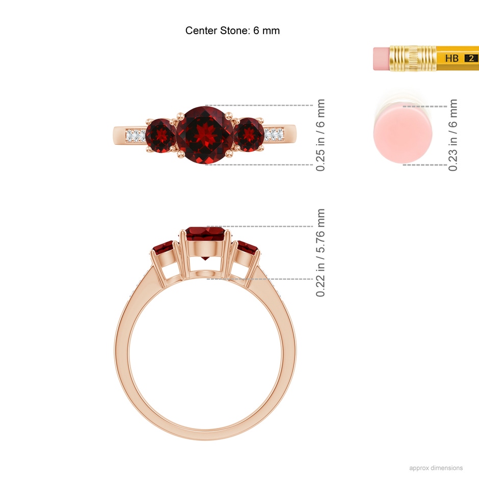 6mm AAAA Three Stone Round Garnet Ring with Diamond Accents in Rose Gold ruler