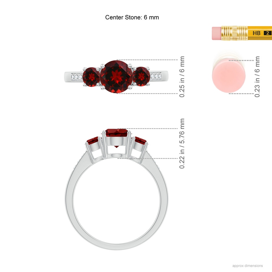 6mm AAAA Three Stone Round Garnet Ring with Diamond Accents in White Gold ruler