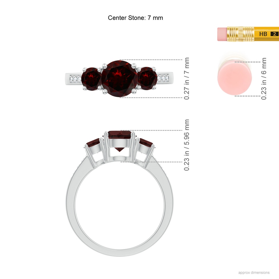 7mm A Three Stone Round Garnet Ring with Diamond Accents in White Gold ruler