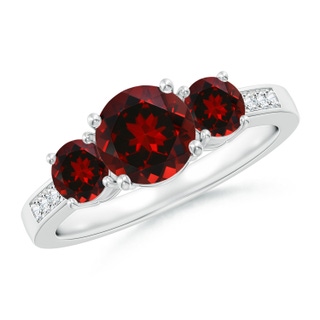 7mm AAAA Three Stone Round Garnet Ring with Diamond Accents in White Gold