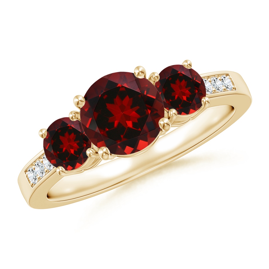 7mm AAAA Three Stone Round Garnet Ring with Diamond Accents in Yellow Gold 
