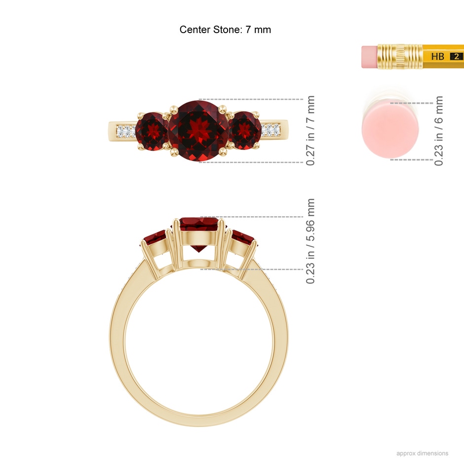 7mm AAAA Three Stone Round Garnet Ring with Diamond Accents in Yellow Gold ruler