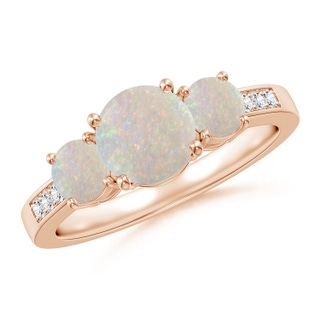 7mm AA Three Stone Round Opal Ring with Diamond Accents in 10K Rose Gold