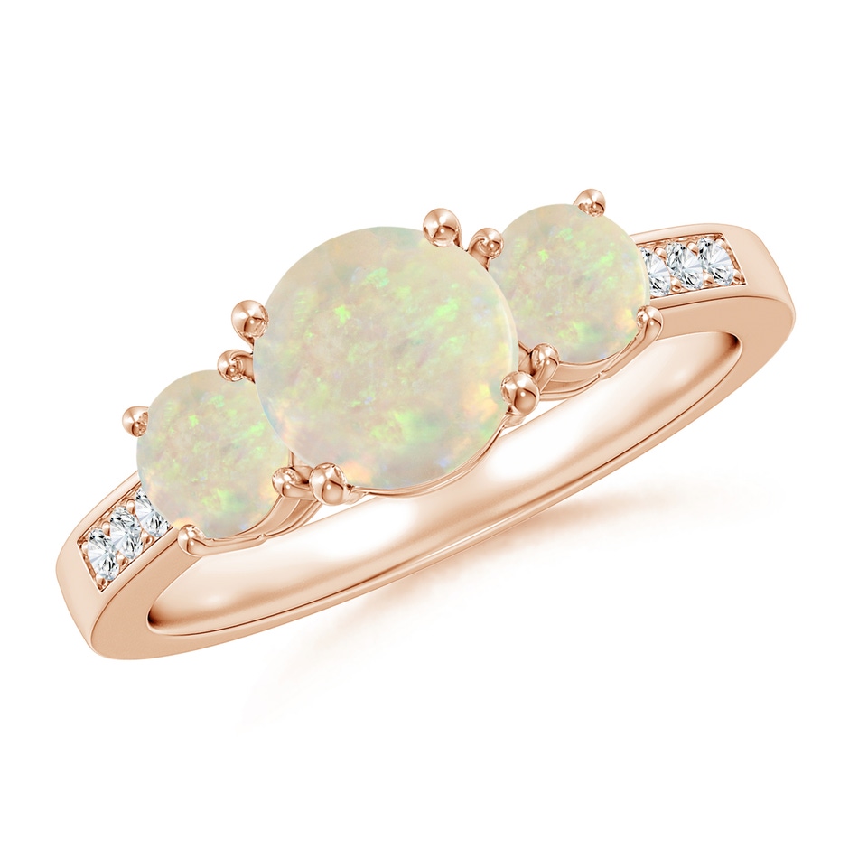 7mm AAA Three Stone Round Opal Ring with Diamond Accents in Rose Gold 