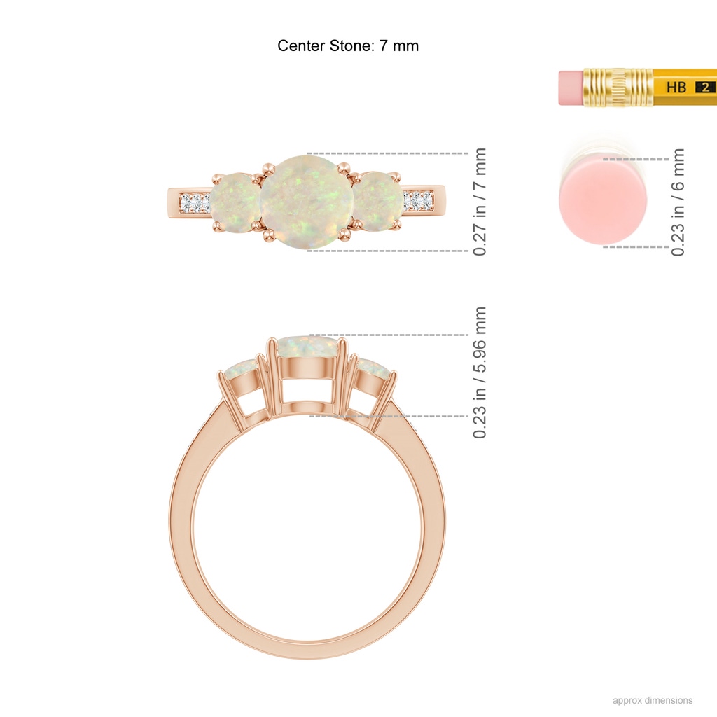 7mm AAA Three Stone Round Opal Ring with Diamond Accents in Rose Gold Ruler
