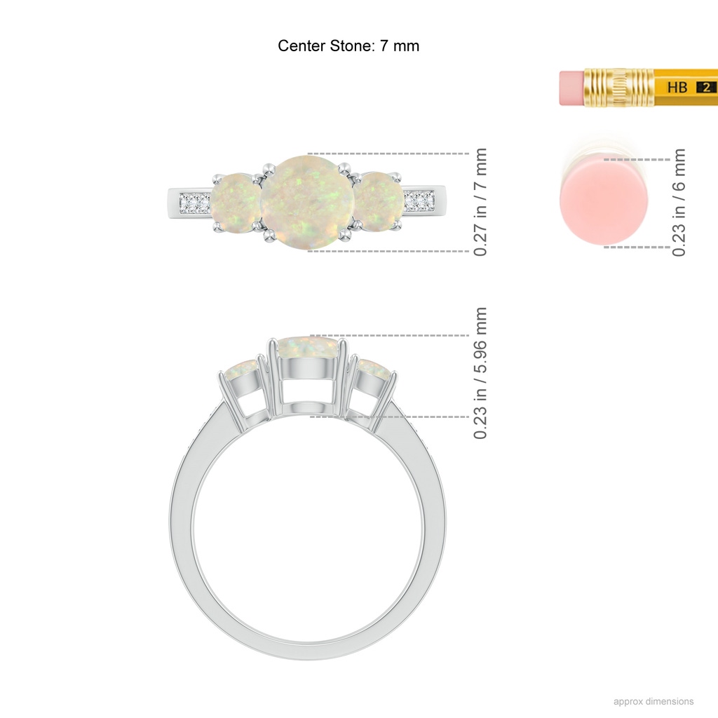 7mm AAA Three Stone Round Opal Ring with Diamond Accents in White Gold Ruler