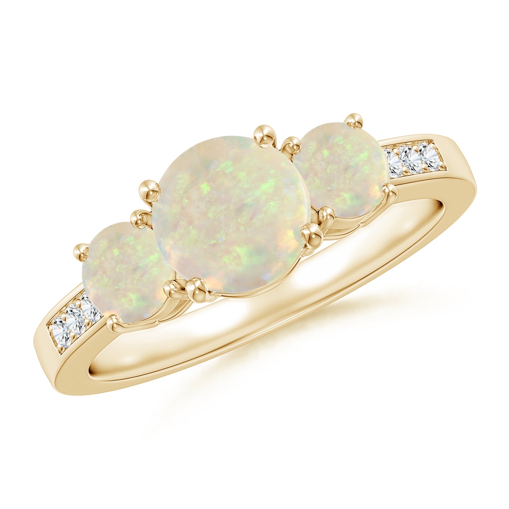 7mm AAA Three Stone Round Opal Ring with Diamond Accents in Yellow Gold