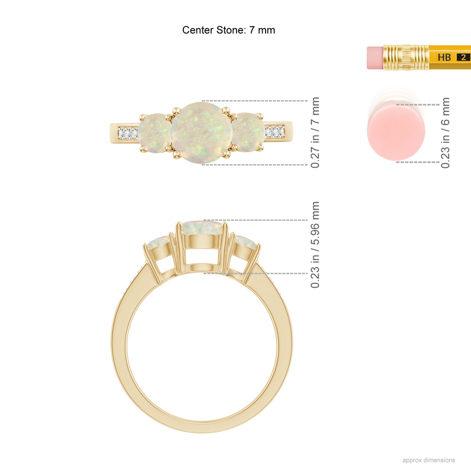 7mm AAA Three Stone Round Opal Ring with Diamond Accents in Yellow Gold ruler