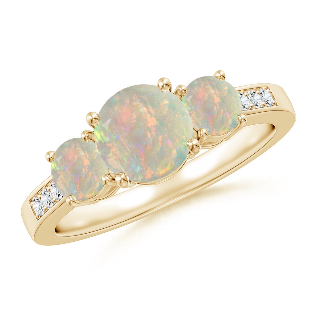 7mm AAAA Three Stone Round Opal Ring with Diamond Accents in 10K Yellow Gold