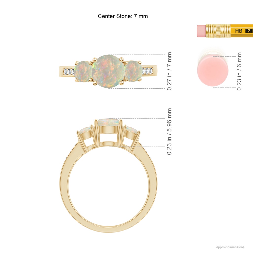 7mm AAAA Three Stone Round Opal Ring with Diamond Accents in 10K Yellow Gold Ruler