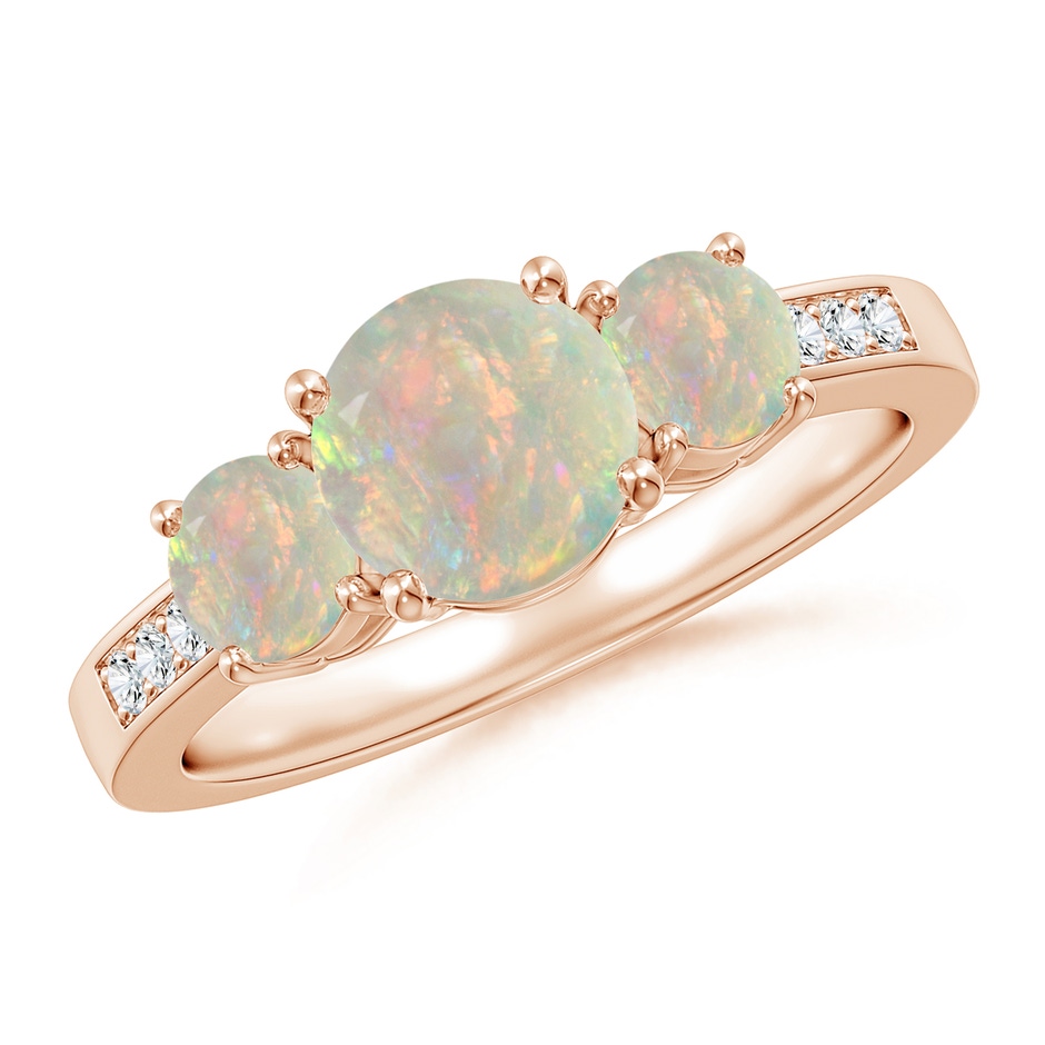 7mm AAAA Three Stone Round Opal Ring with Diamond Accents in Rose Gold 