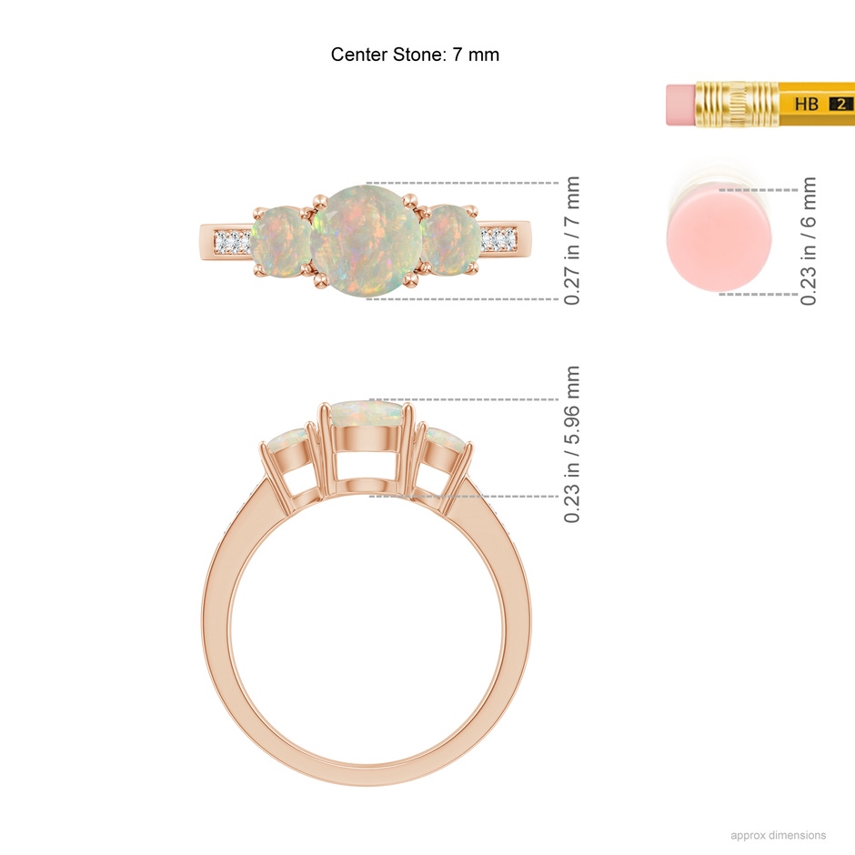 7mm AAAA Three Stone Round Opal Ring with Diamond Accents in Rose Gold ruler