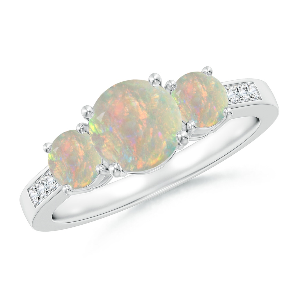 7mm AAAA Three Stone Round Opal Ring with Diamond Accents in White Gold