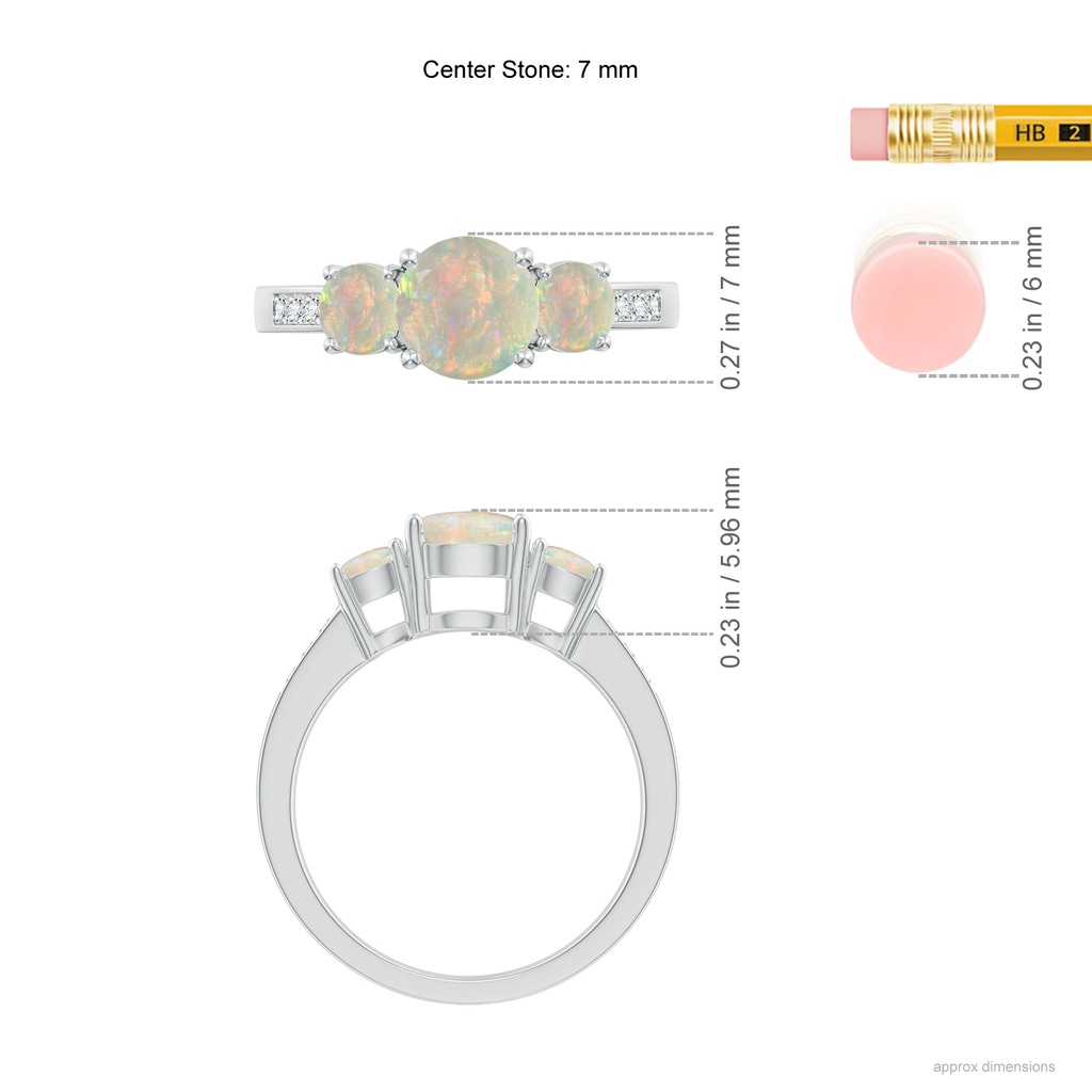 7mm AAAA Three Stone Round Opal Ring with Diamond Accents in White Gold Ruler