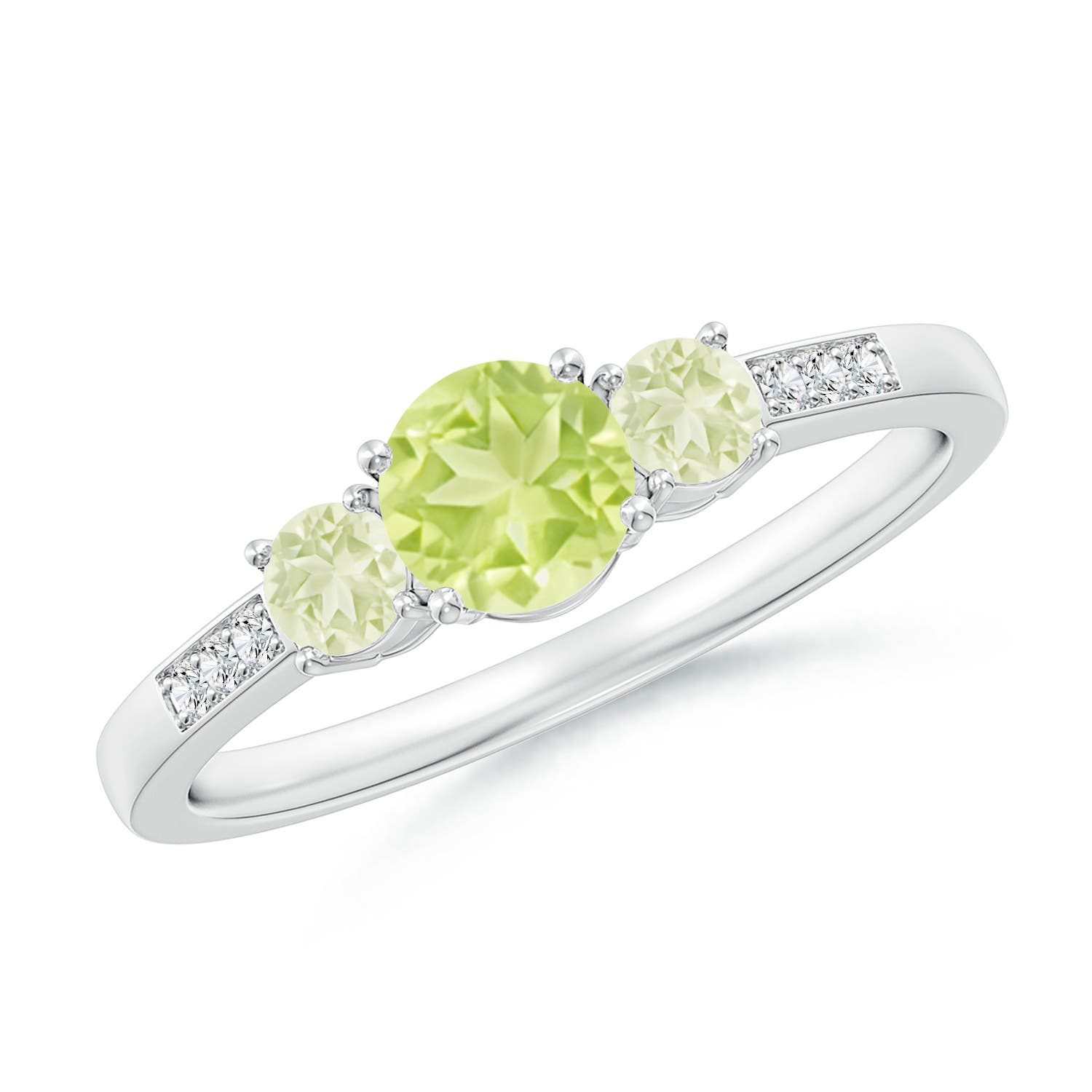5mm A Three Stone Round Peridot Ring with Diamond Accents in P950 Platinum