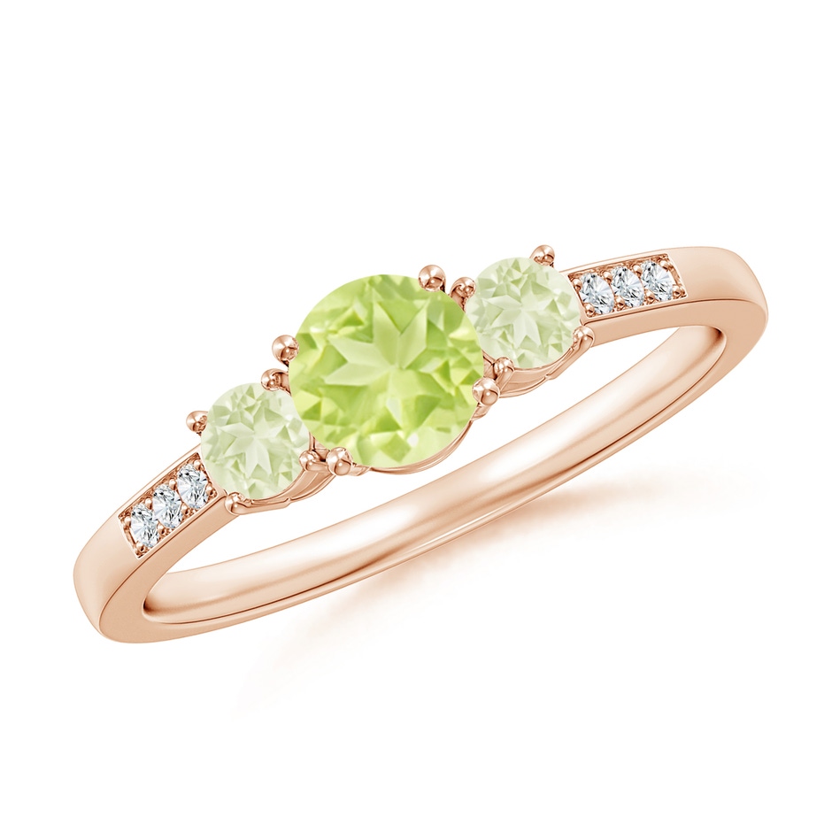 5mm A Three Stone Round Peridot Ring with Diamond Accents in Rose Gold 