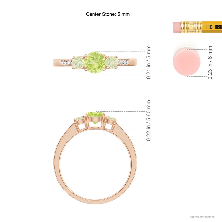 5mm A Three Stone Round Peridot Ring with Diamond Accents in Rose Gold ruler