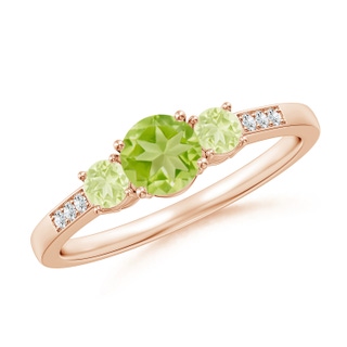 5mm AA Three Stone Round Peridot Ring with Diamond Accents in 9K Rose Gold