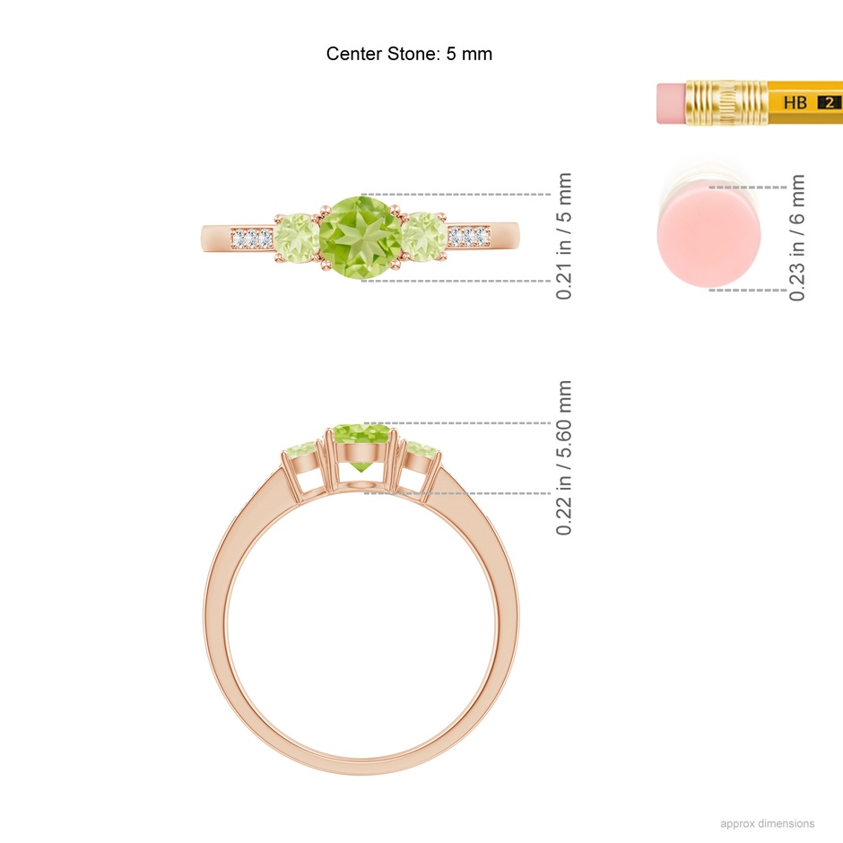 5mm AA Three Stone Round Peridot Ring with Diamond Accents in Rose Gold ruler