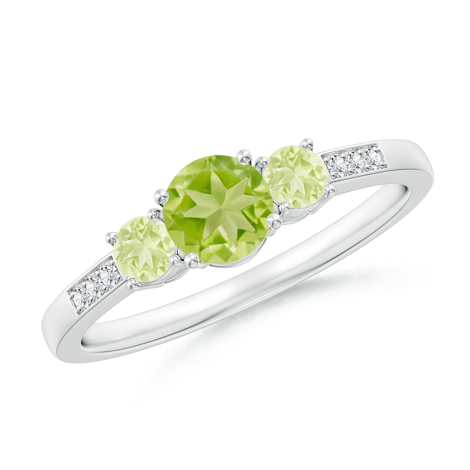 5mm AA Three Stone Round Peridot Ring with Diamond Accents in White Gold 