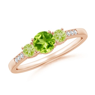 5mm AAA Three Stone Round Peridot Ring with Diamond Accents in 10K Rose Gold