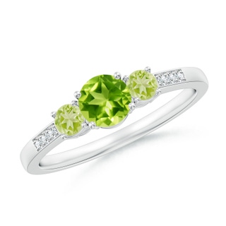 5mm AAA Three Stone Round Peridot Ring with Diamond Accents in White Gold