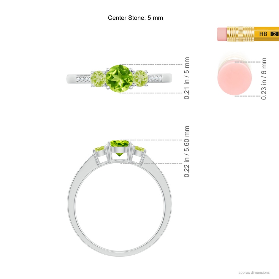 5mm AAA Three Stone Round Peridot Ring with Diamond Accents in White Gold ruler