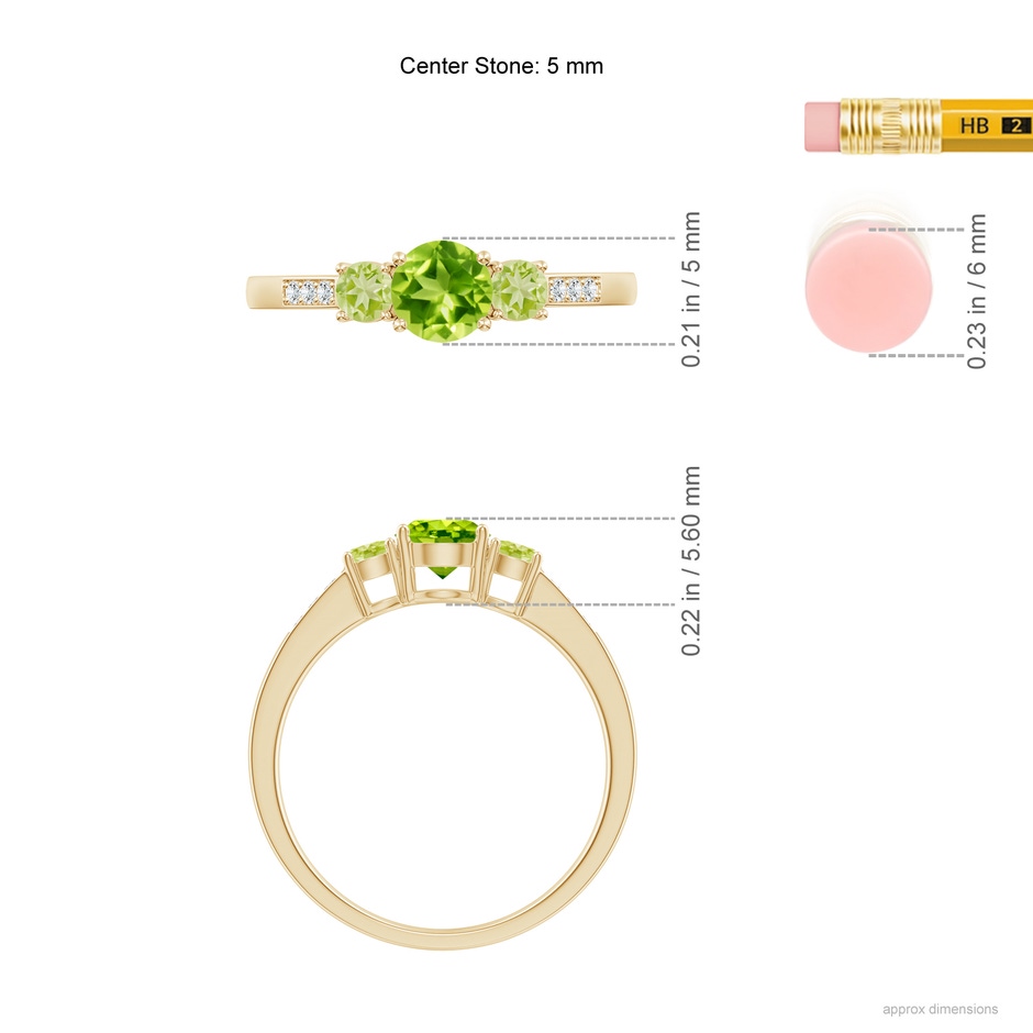 5mm AAA Three Stone Round Peridot Ring with Diamond Accents in Yellow Gold ruler