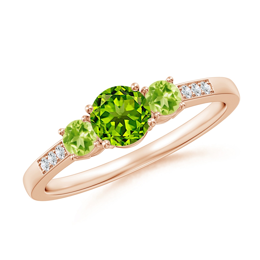 5mm AAAA Three Stone Round Peridot Ring with Diamond Accents in Rose Gold