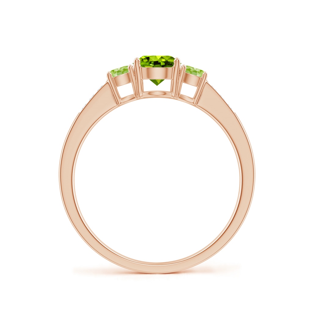 5mm AAAA Three Stone Round Peridot Ring with Diamond Accents in Rose Gold Side-1