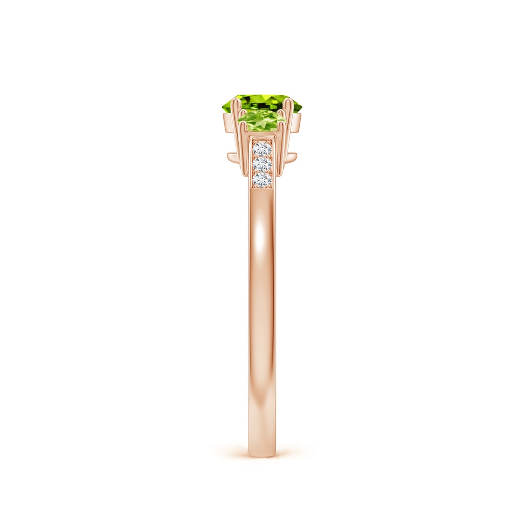 5mm AAAA Three Stone Round Peridot Ring with Diamond Accents in Rose Gold Side-2